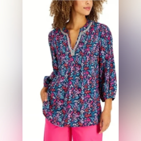 Charter Club Luxury~Linen Colorful Floral Tunic Top Rhinestone Beaded Neckline - Picture 14 of 14